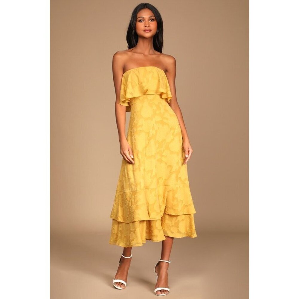 Lulus Love You So Truly Yellow Burnout Floral Strapless Midi Dress - Size S